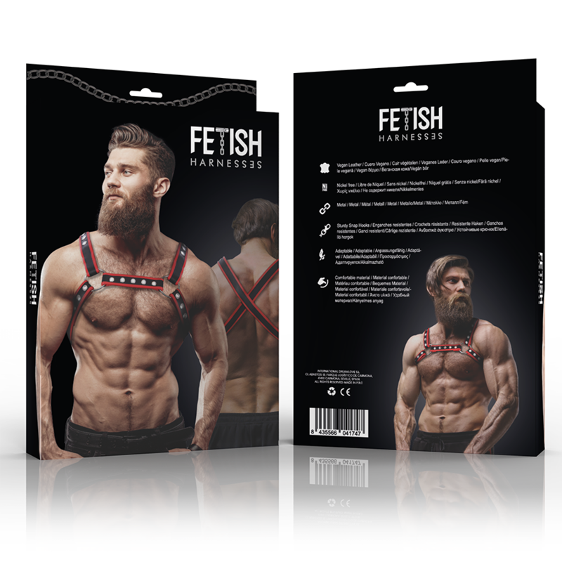 ATTEGGIAMENTO SOTTOMESSO FETISH - IMBRACATURA PETTORALE IN ECOPELLE BULLDOG PER UOMO NERA/ROSSA