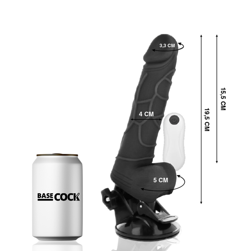 BASECOCK - VIBRATORE REALISTICO NERO CON TELECOMANDO CON TESTICOLI 19,5 CM -O- 4 CM