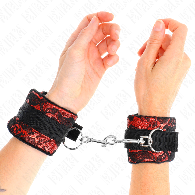 KINK - BRACCIALETTI CORTI CON PIZZO DI VELLUTO E BORDO IN NYLON, ROSSO/NERO, 23 X 6,5 CM