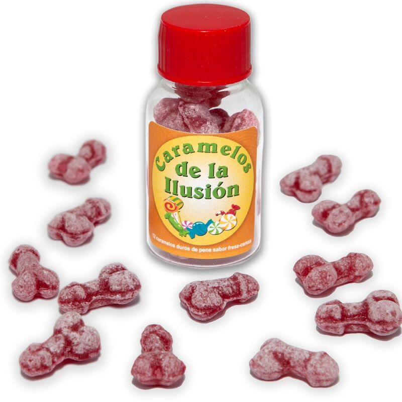 SPICY DEVIL - 12 CARAMELLE ILLUSIONI A FORMA DI PENE FRAGOLA/CILIEGIA