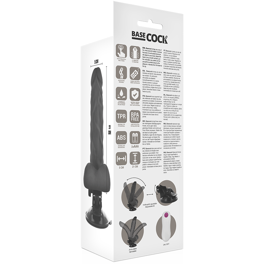 BASECOCK - VIBRATORE REALISTICO ARTICOLABILE TELECOMANDO NERO 21 CM -O- 5 CM