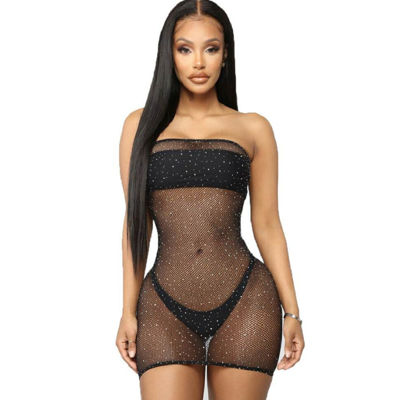 QUEEN LINGERIE - Abito a rete con strass S/L