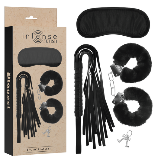 INTENSO - SET FETISH EROTICO 1 CON MANETTE, MASCHERA CIECA E FRUSTA IN PELLE VEGANA