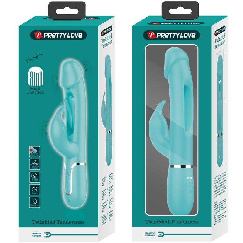 PRETTY LOVE - VIBRATORE CONIGLIO MULTIFUNZIONE 3 IN 1 KAMPAS CON LINGUA VERDE ACQUA