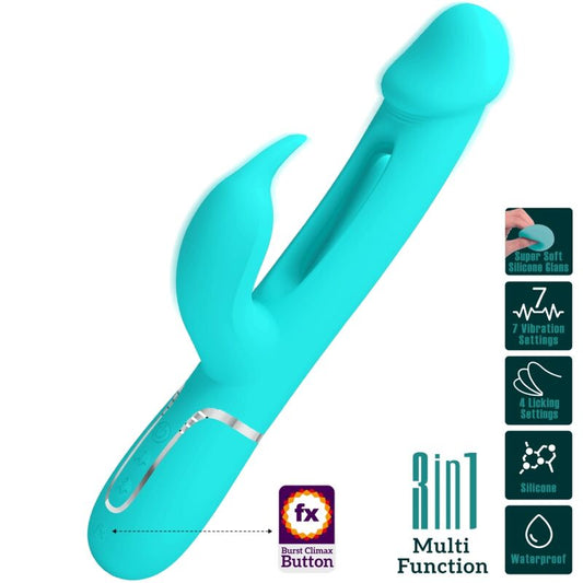 PRETTY LOVE - VIBRATORE CONIGLIO MULTIFUNZIONE 3 IN 1 KAMPAS CON LINGUA VERDE ACQUA