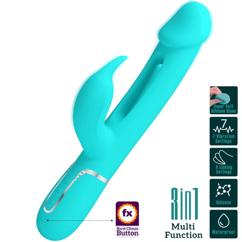 PRETTY LOVE - VIBRATORE CONIGLIO MULTIFUNZIONE 3 IN 1 KAMPAS CON LINGUA VERDE ACQUA