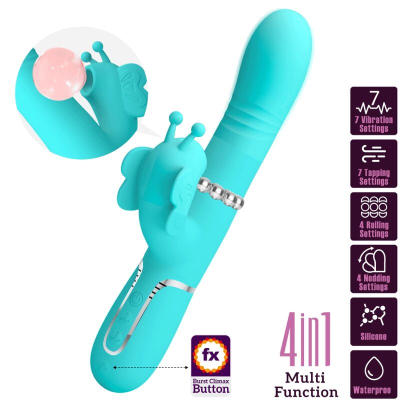 PRETTY LOVE - VIBRATORE CONIGLIO MULTIFUNZIONALE 4 IN 1 FARFALLA VERDE ACQUA