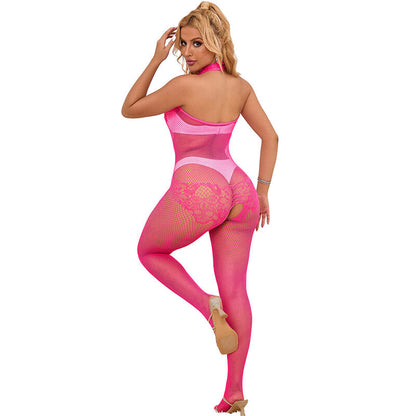SUBBLIME - 952389 Bodystocking senza cavallo in rete e pizzo rosa con collo alto, taglia unica
