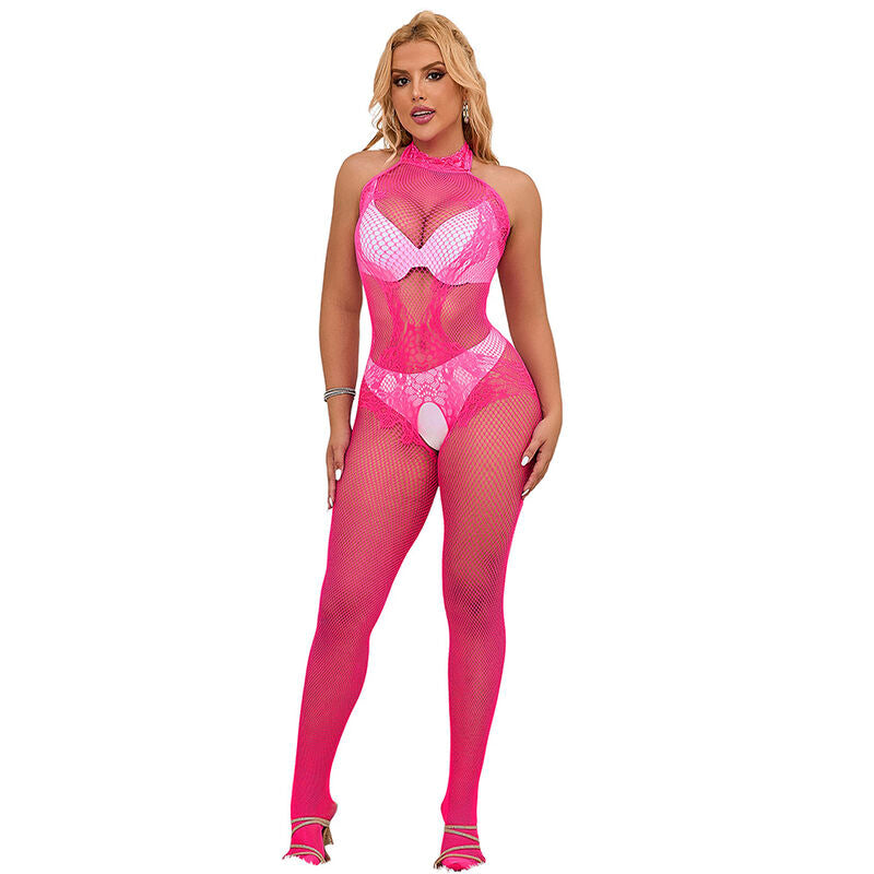 SUBBLIME - 952389 Bodystocking senza cavallo in rete e pizzo rosa con collo alto, taglia unica