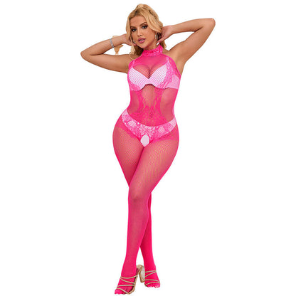 SUBBLIME - 952389 Bodystocking senza cavallo in rete e pizzo rosa con collo alto, taglia unica