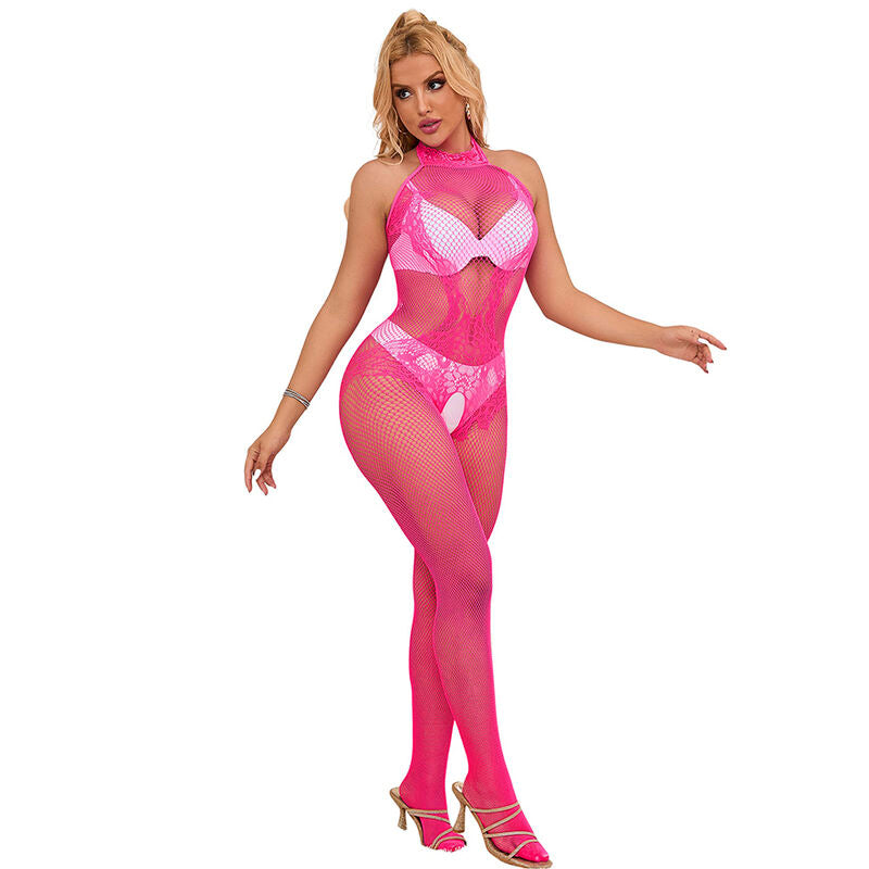 SUBBLIME - 952389 Bodystocking senza cavallo in rete e pizzo rosa con collo alto, taglia unica