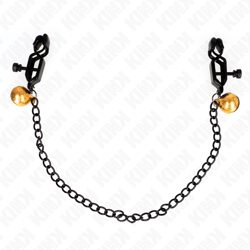 KINK - MORSETTI PER CAPEZZOLI PIATTI NERI CON CAMPANELLO E CATENA IN ARGENTO 30 CM