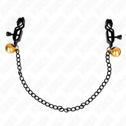 KINK - MORSETTI PER CAPEZZOLI PIATTI NERI CON CAMPANELLO E CATENA IN ARGENTO 30 CM