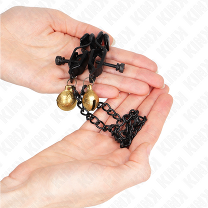 KINK - MORSETTI PER CAPEZZOLI PIATTI NERI CON CAMPANELLO E CATENA IN ARGENTO 30 CM