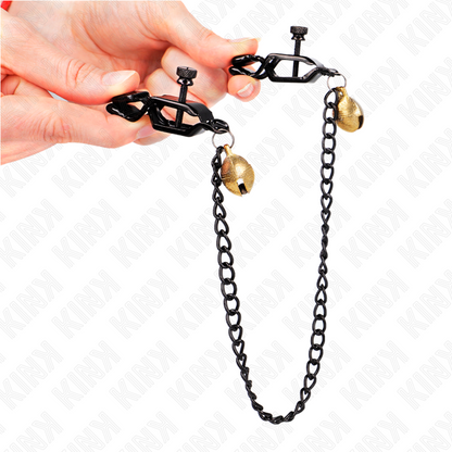 KINK - MORSETTI PER CAPEZZOLI PIATTI NERI CON CAMPANELLO E CATENA IN ARGENTO 30 CM