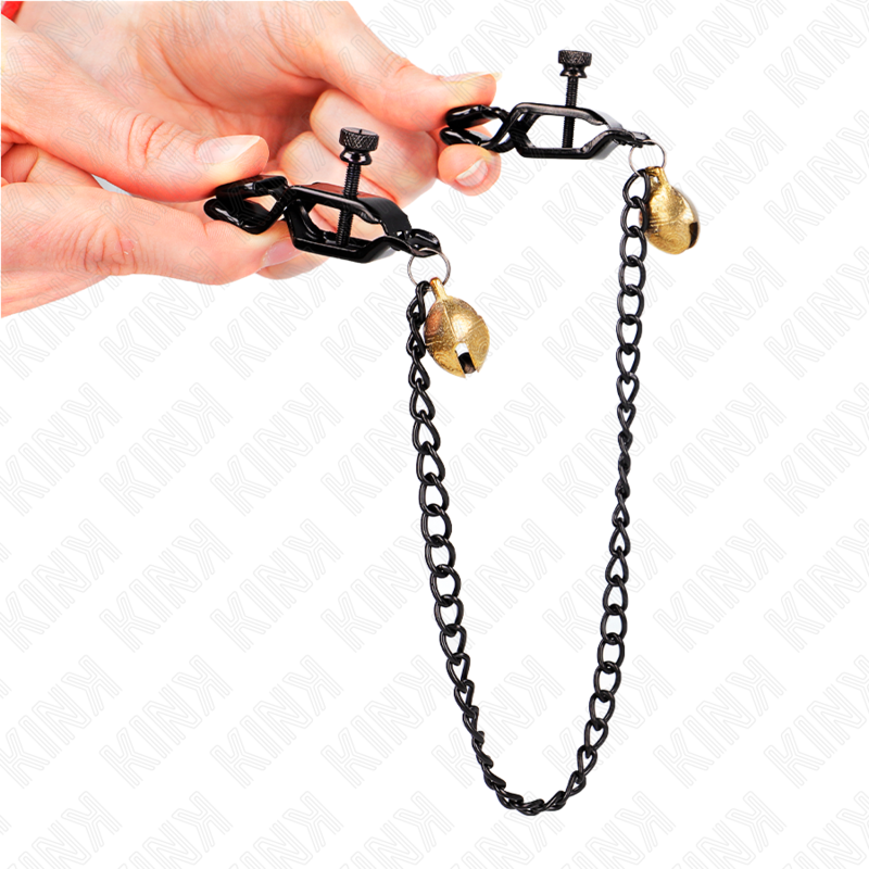 KINK - MORSETTI PER CAPEZZOLI PIATTI NERI CON CAMPANELLO E CATENA IN ARGENTO 30 CM