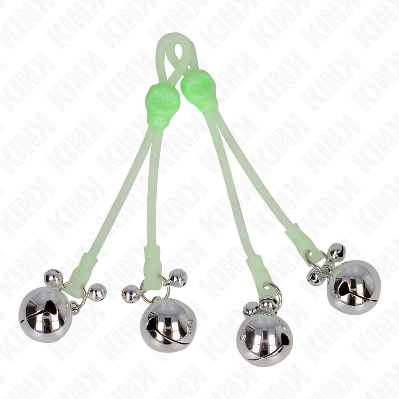 KINK - MORSETTI PER CAPEZZOLI LUMINOSI A FORMA DI TESCHIO CON CAMPANELLO REGOLABILE VERDE/ARGENTO