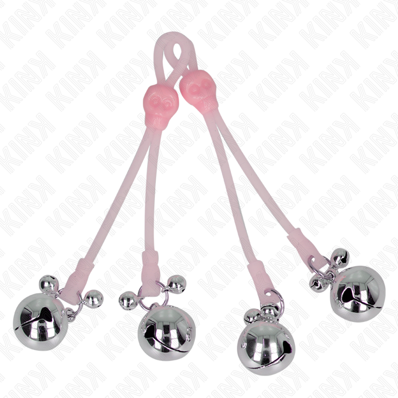 KINK - Morsetti per capezzoli a forma di teschio luminoso con campanellino sonoro regolabile rosa/argento