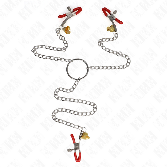 KINK - MORSETTI ROSSI PER CAPEZZOLI E CLITORIDE CON CAMPANELLA DORATA E CATENA 30 CM