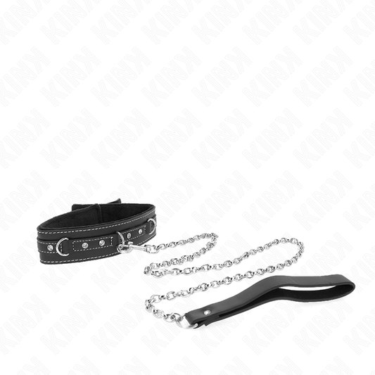 KINK - COLLARE IN PVC E PELLE DA 105 CM CON GUINZAGLIO CON RIVETTI IN STRASS 41,5 X 4 CM