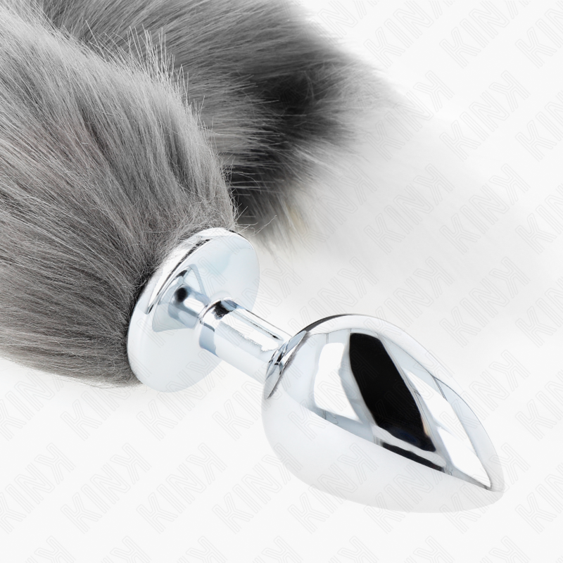 KINK - PLUG ANALE TAGLIA L 10 X 4 CM CON CODA SINTETICA 40 CM ARGENTO E BIANCO