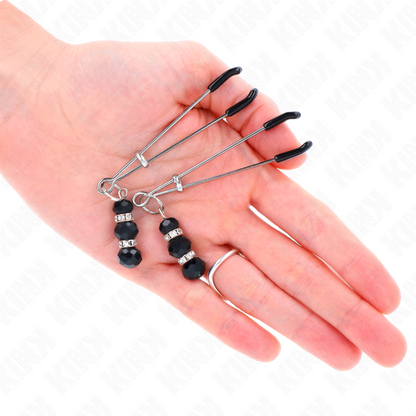 KINK - MORSETTI PER CAPEZZOLI SOTTILI IN ARGENTO CON SFERE DI VETRO NERO TRIPLE 7 CM