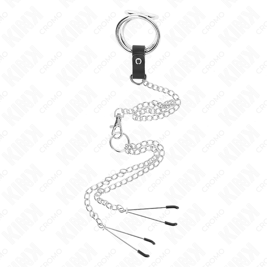 KINK - ANELLO PER IL PENE TRIPLO IN METALLO CROMATO DA 3 CM A 4,5 CM CON CATENA IN METALLO DA 26 CM E MORSETTI PER CAPEZZOLI