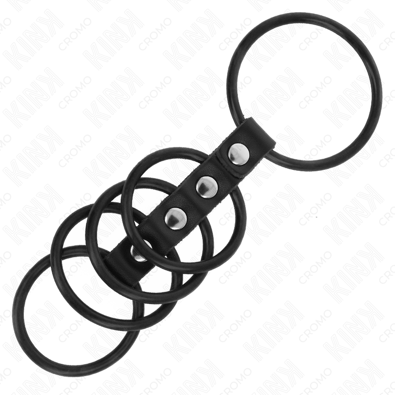 KINK - 5 ANELLI PER PENE IN SILICONE DA 3,8 CM A 4,8 CM COLLEGATI CON PELLE