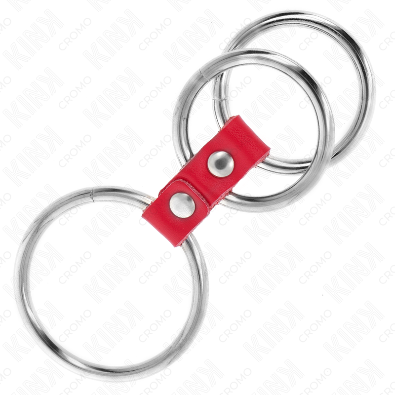 KINK - ANELLO PER IL PENE IN METALLO TRIPLO DA 3,7 CM A 5 CM CONNESSO CON PELLE ROSSA