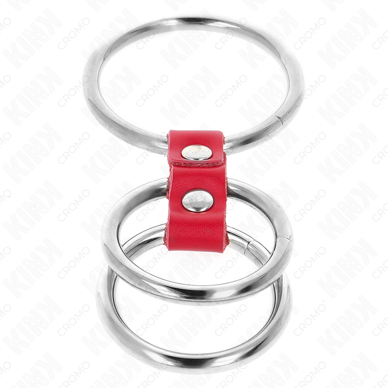 KINK - ANELLO PER IL PENE IN METALLO TRIPLO DA 3,7 CM A 5 CM CONNESSO CON PELLE ROSSA