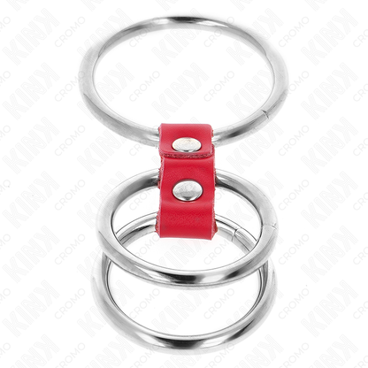 KINK - ANELLO PER IL PENE IN METALLO TRIPLO DA 3,7 CM A 5 CM CONNESSO CON PELLE ROSSA