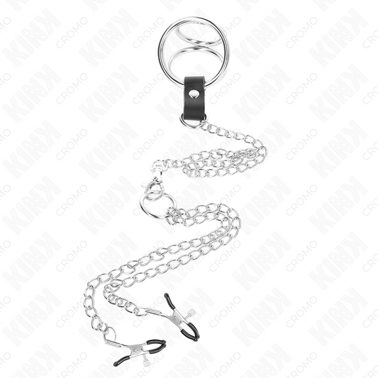 KINK - ANELLO PER IL PENE TRIPLO IN METALLO CROMATO DA 3,8 CM A 5 CM CON CATENA IN METALLO DA 26 CM E MORSETTI PER CAPEZZOLI MODELLO 1