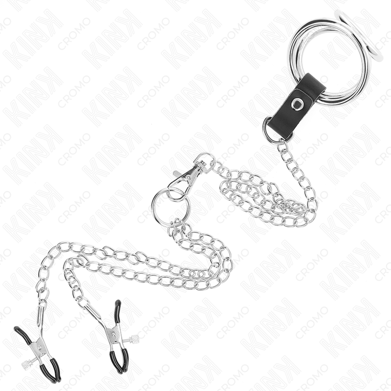 KINK - ANELLO PER IL PENE TRIPLO IN METALLO CROMATO DA 3,8 CM A 5 CM CON CATENA IN METALLO DA 26 CM E MORSETTI PER CAPEZZOLI MODELLO 1