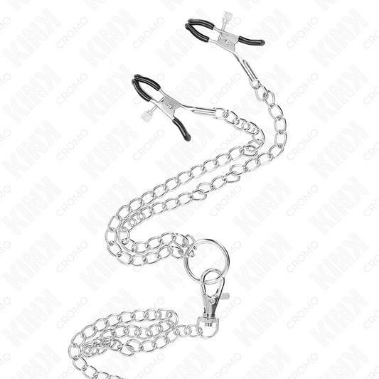 KINK - ANELLO PER IL PENE TRIPLO IN METALLO CROMATO DA 3 CM A 4,5 CM CON CATENA IN METALLO DA 26 CM E MORSETTI PER CAPEZZOLI