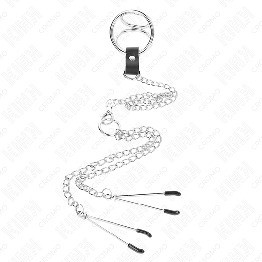 KINK - ANELLO PER IL PENE TRIPLO IN METALLO CROMATO DA 3,8 CM A 5 CM CATENA IN METALLO DA 26 CM E MORSETTI PER CAPEZZOLI MODELLO 2