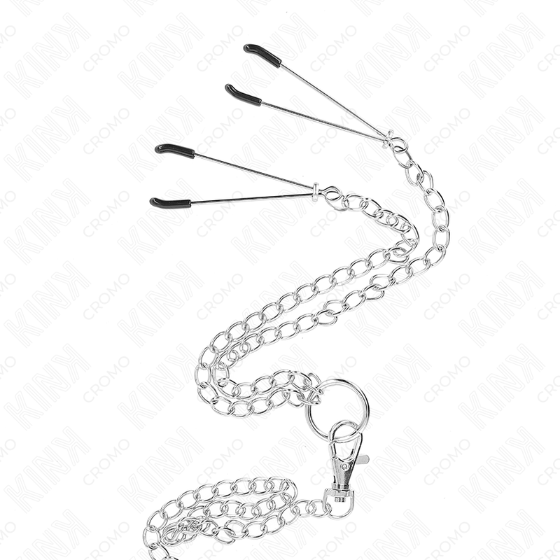 KINK - ANELLO PER IL PENE TRIPLO IN METALLO CROMATO DA 3,8 CM A 5 CM CATENA IN METALLO DA 26 CM E MORSETTI PER CAPEZZOLI MODELLO 2