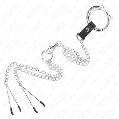 KINK - ANELLO PER IL PENE TRIPLO IN METALLO CROMATO DA 3,8 CM A 5 CM CATENA IN METALLO DA 26 CM E MORSETTI PER CAPEZZOLI MODELLO 2