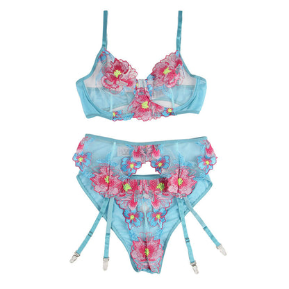 SUBBLIME - 954109 SUJETADOR + PANTIES CON LIGUERO DISEÑO FLORAL AZUL S/M