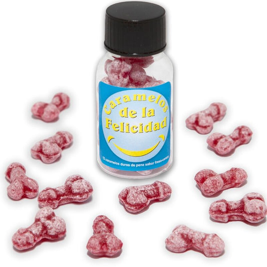 SPICY DEVIL - BARATTOLO DA 12 CARAMELLE DELLA FELICITÀ A FORMA DI PENE, FRAGOLA/CILIEGIA
