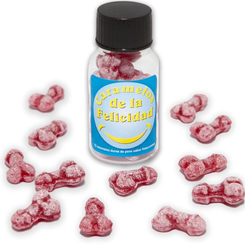 SPICY DEVIL - BARATTOLO DA 12 CARAMELLE DELLA FELICITÀ A FORMA DI PENE, FRAGOLA/CILIEGIA