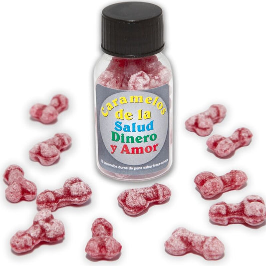 Spicy Devil - 12 caramelle a forma di pene alla fragola/ciliegia a tema salute-soldi-amore