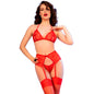 CHILIROSE - CR 4848 SET SUJETADOR + TANGA + MEDIAS DE ENCAJE ROJO XL