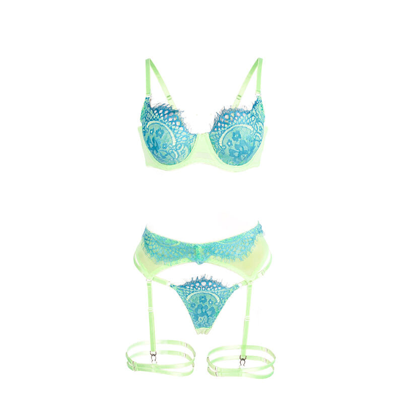 SUBBLIME - 955311 SET REGGISENO E GIARRETTIERE IN PIZZO VERDE E BLU S/M