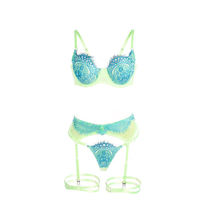 SUBBLIME - 955311 SET REGGISENO E GIARRETTIERE IN PIZZO VERDE E BLU S/M